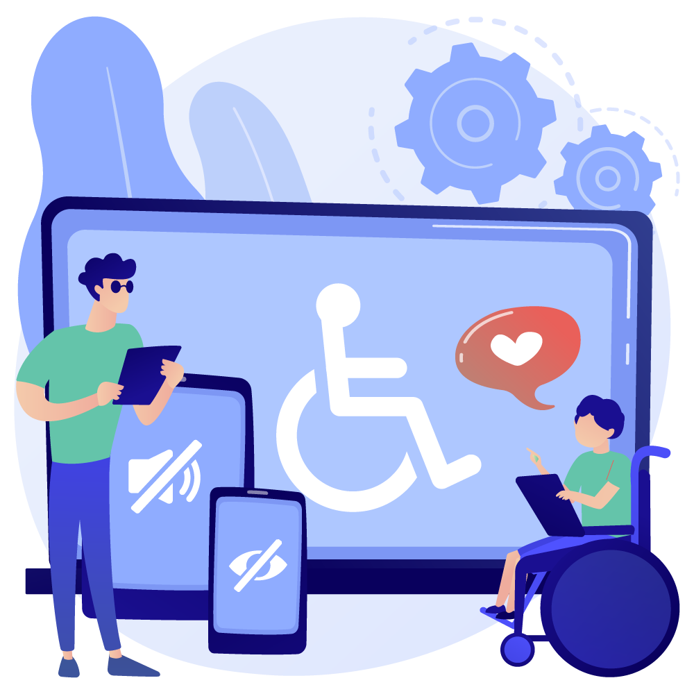 Ilustración de servicios de accesibilidad con una pantalla con el símbolo de persona con discapacidad, un hombre ciego y un niño en silla de ruedas