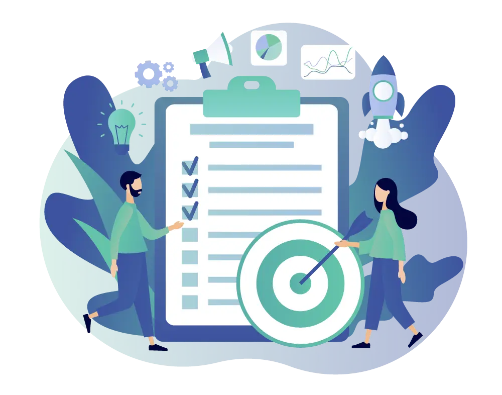 Ilustración de dos personas mirando un portapapeles gigante en el que se muestra una lista sobre análisis de keywords y una diana con una flecha en el centro