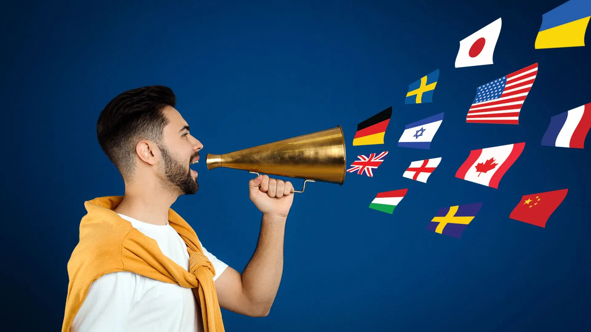 Hombre gritando a megáfono del que salen banderas de diferentes países representando interpretación