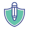 Icono de servicio de Copywriting premium de un escudo con un lápiz