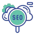 Icono de SEO efectivo con una nube y una lupa con la palabra SEO