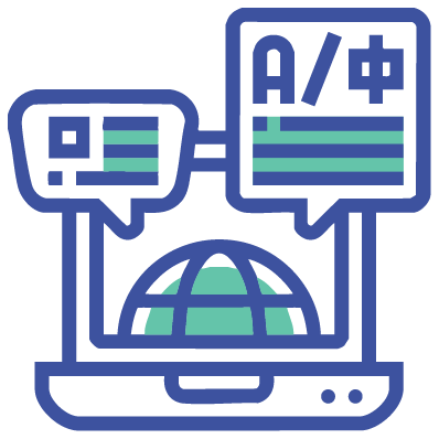 Computer screen with content in different languages for game localization and translation