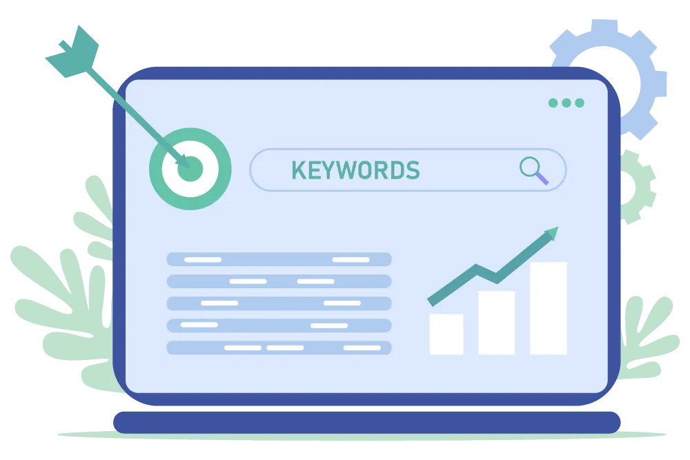 Ilustración de un ordenador portátil en cuya pantalla se muestra una web de keyword research con una diana y un gráfico de crecimiento