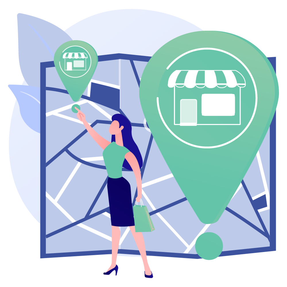 mujer frente a un mapa en el que se localizan tiendas para localización de ecommerce