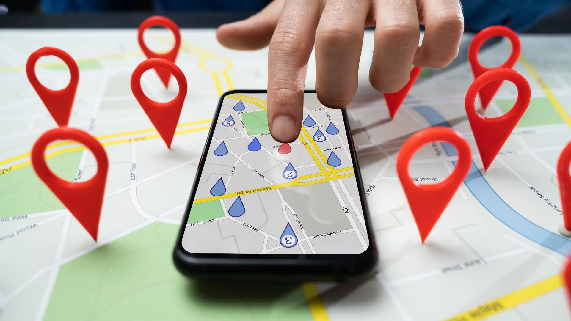 Mano señalando localización en gps en teléfono sobre mapa de papel