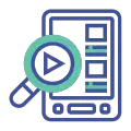 Icono marketing audiovisual teléfono y lupa con icono de play