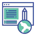 Icono marketing contenidos web página web con mundo del que sale un lápiz