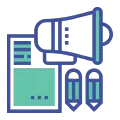 Icono marketing creación y contenido documento, megáfono y dos lápices
