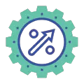 Icono de maximización de ROI de engranaje con flecha apuntando a la esquina superior derecha