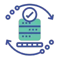 Icono de Integración sencilla entre sistemas de información con servidor, flechas circulares y check