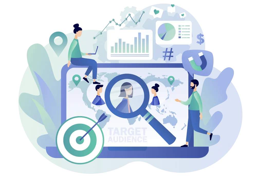 Ilustración de un portátil cuya pantalla muestra contenido de SEM internacional, gráficos y una diana con una flecha clavada en el centro