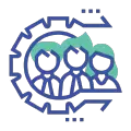 Icono de soluciones IA equipo humano especializado de un engranaje abierto con tres expertos dentro