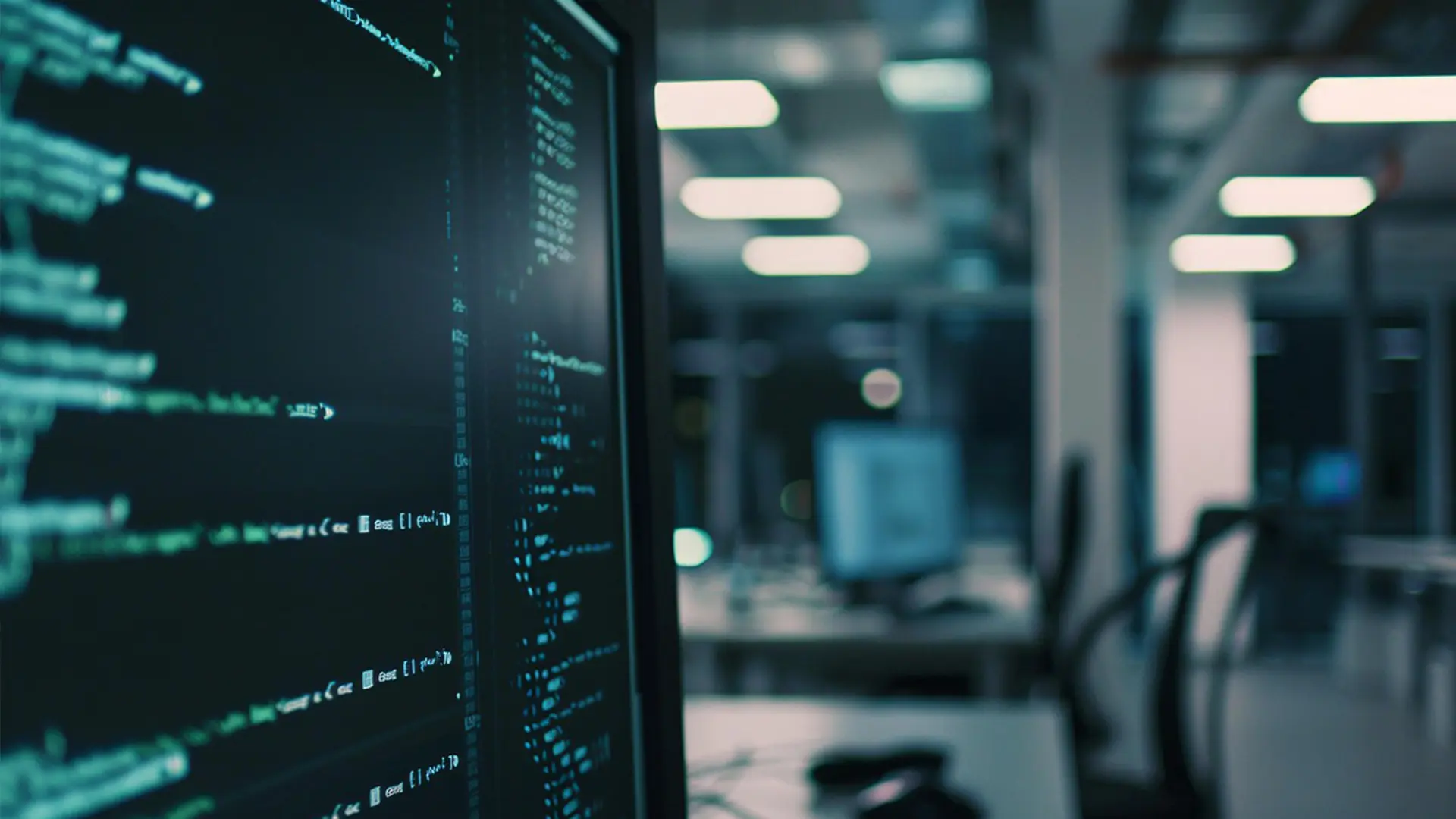 Pantalla de ordenador que muestra programación en una oficina vacía sobre el mejor software de traducción para tu negocio