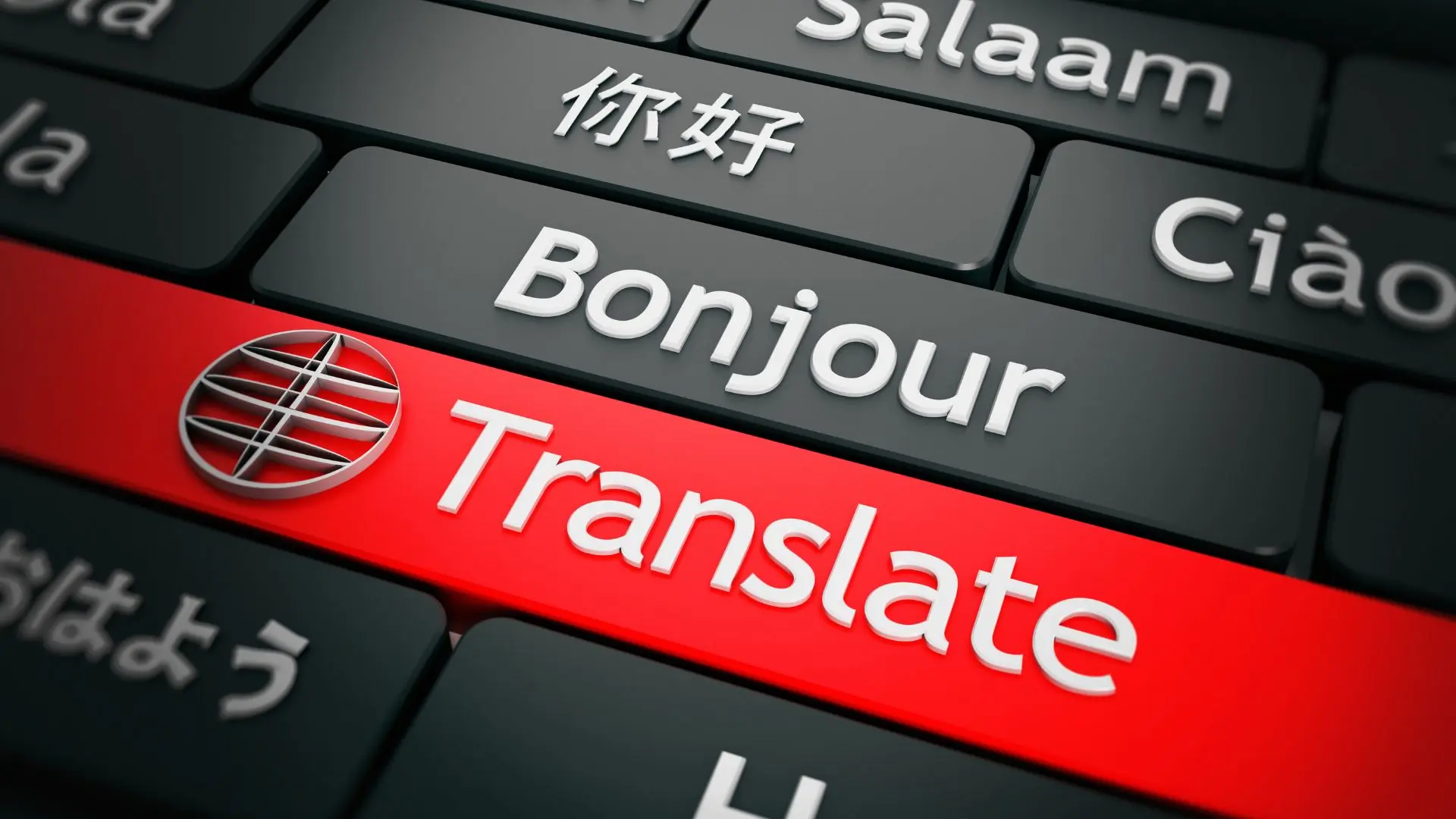 Tecla roja con la palabra “Translate” en un teclado rodeado de saludos en varios idiomas, simbolizando la traducción automática
