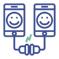 Icono de traducción audiovisual Conecta con las emociones de dos teléfonos con caras sonrientes conectados con cables