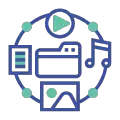 Icono de traducción audiovisual Sigue el ritmo de símbolos multimedia unidos por un círculo