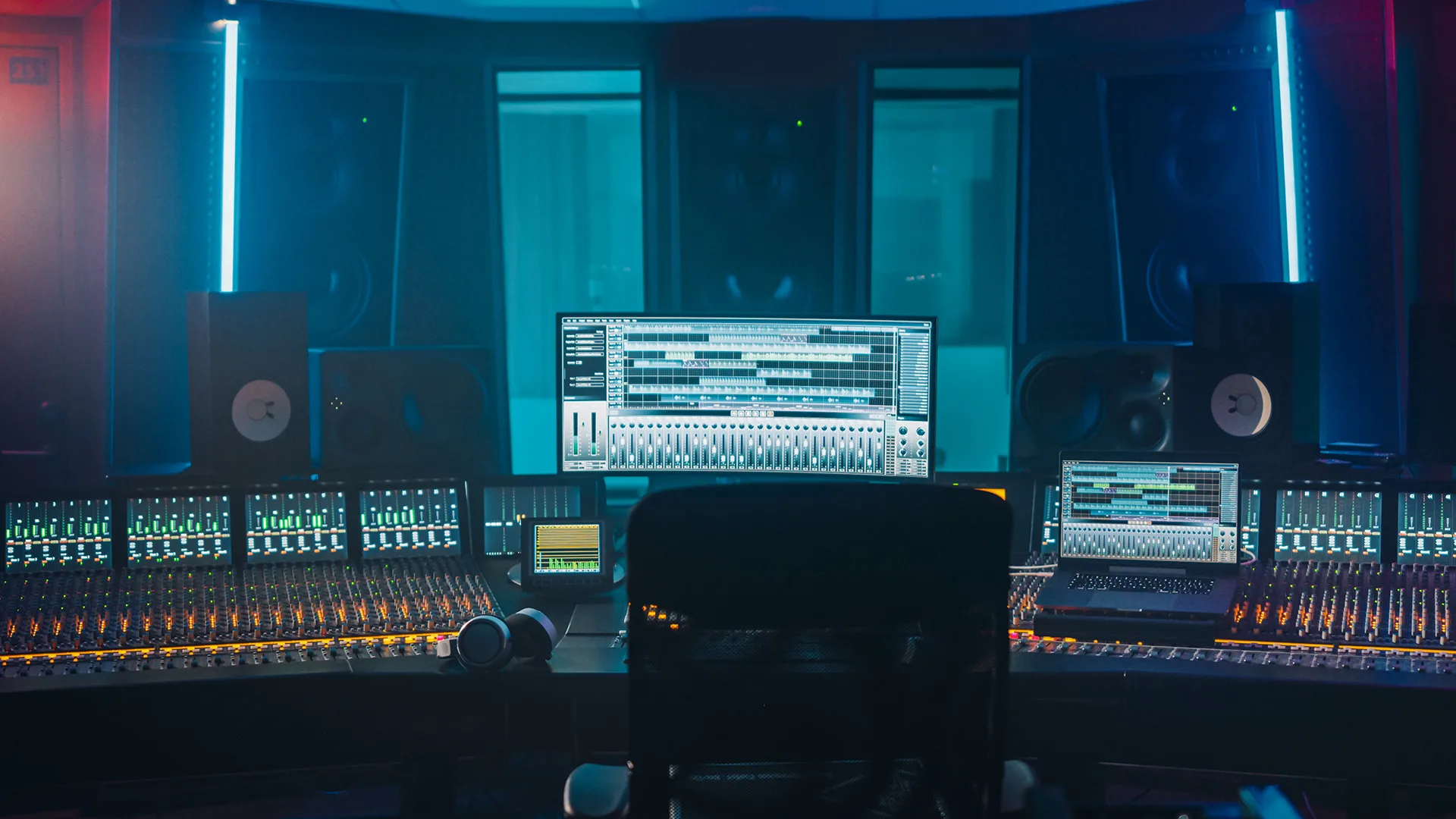 Servicio de traducción audiovisual mesa de mezclas en estudio de grabación con altavoces