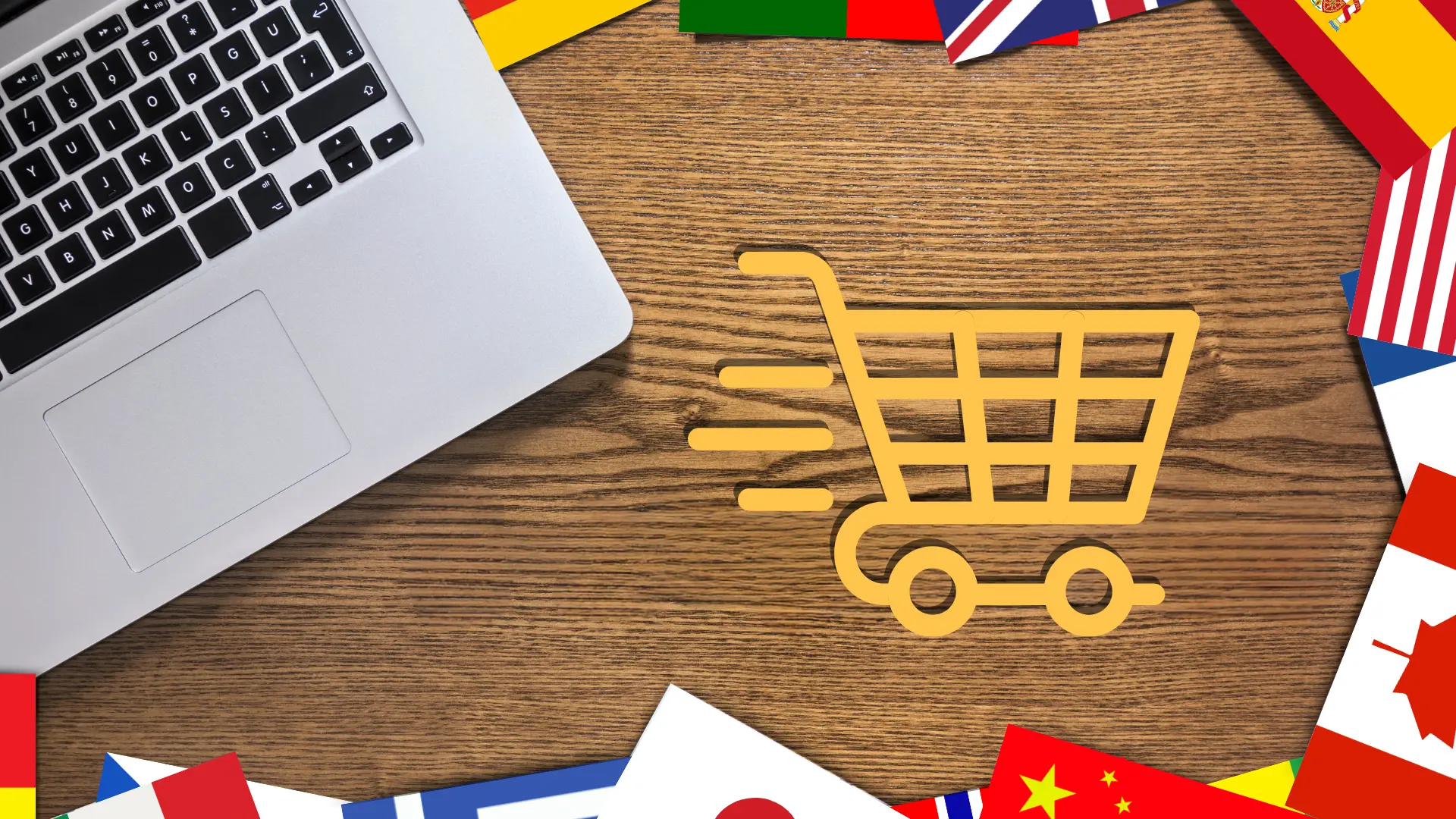 Dibujo de carrito de la compra amarillo encima de una mesa rodeado por banderas del mundo y un ordenador portátil sobre cómo traducir un ecommerce