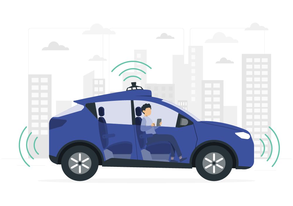 Person inside a blue car watching her phone and a city in the background for automotive sector