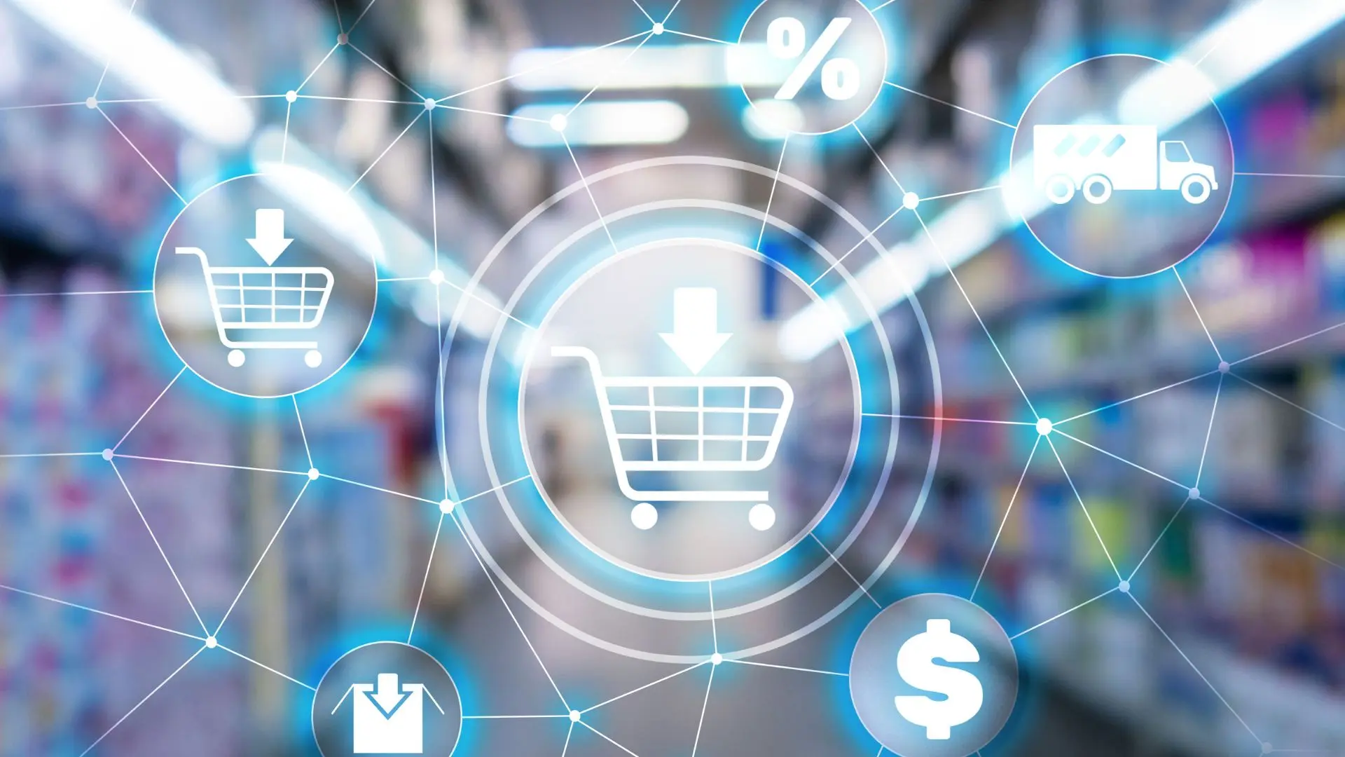 Iconos digitales de ecommerce como carrito de compra, envío, descuentos y pago, conectados entre sí sobre un fondo borroso de supermercado, representando la internacionalización de un ecommerce mediante soluciones tecnológicas globales