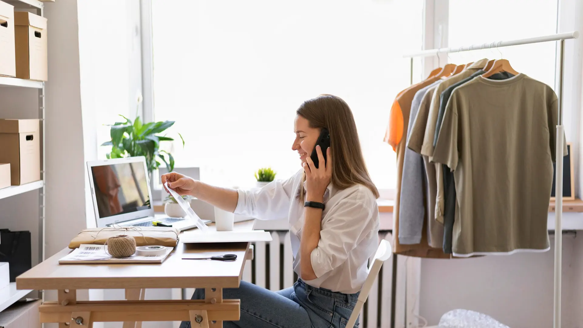 Mujer hablando por teléfono mientras mira un documento sobre el traductor perfecto para tu ecommerce sentada en un escritorio con ordenador y con un burro de ropa detrás