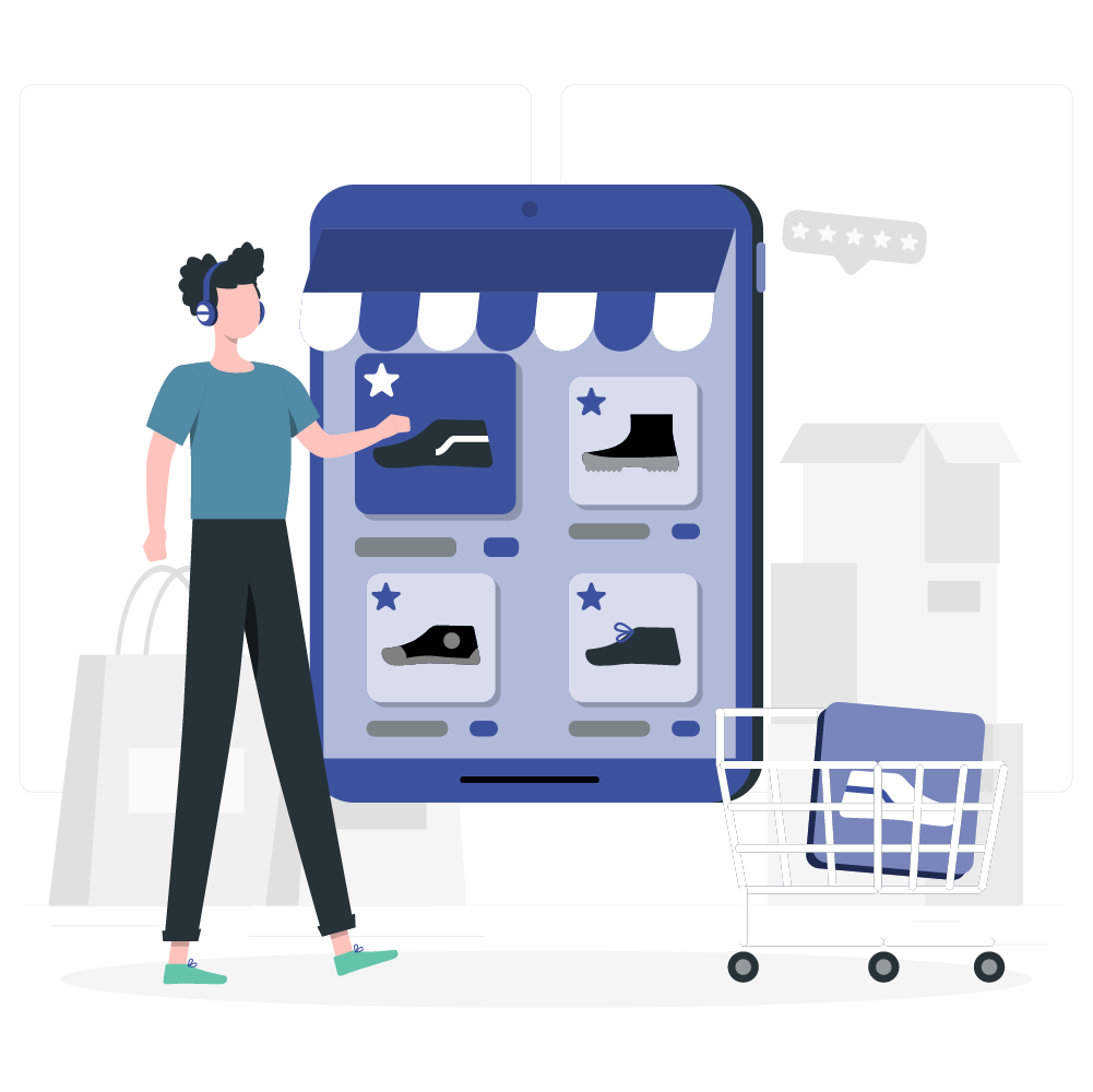 Vector of a man in front of a big tablet choosing a product in a shoes ecommerce