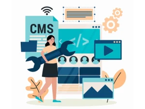 Cómo elegir una empresa de desarrollo de CMS para crecer Portátil mostrando una landing page de CMS con iconos de desarrollo, representación de una empresa de desarrollo de CMS.