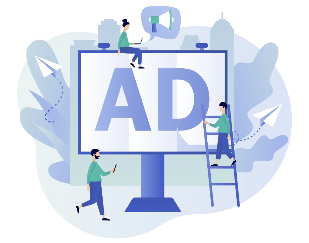 Ilustración de una valla publicitaria y tres personas a su alrededor, una sentada, otra subiendo y otro andando mirando en su teléfono sobre una agencia de google ads