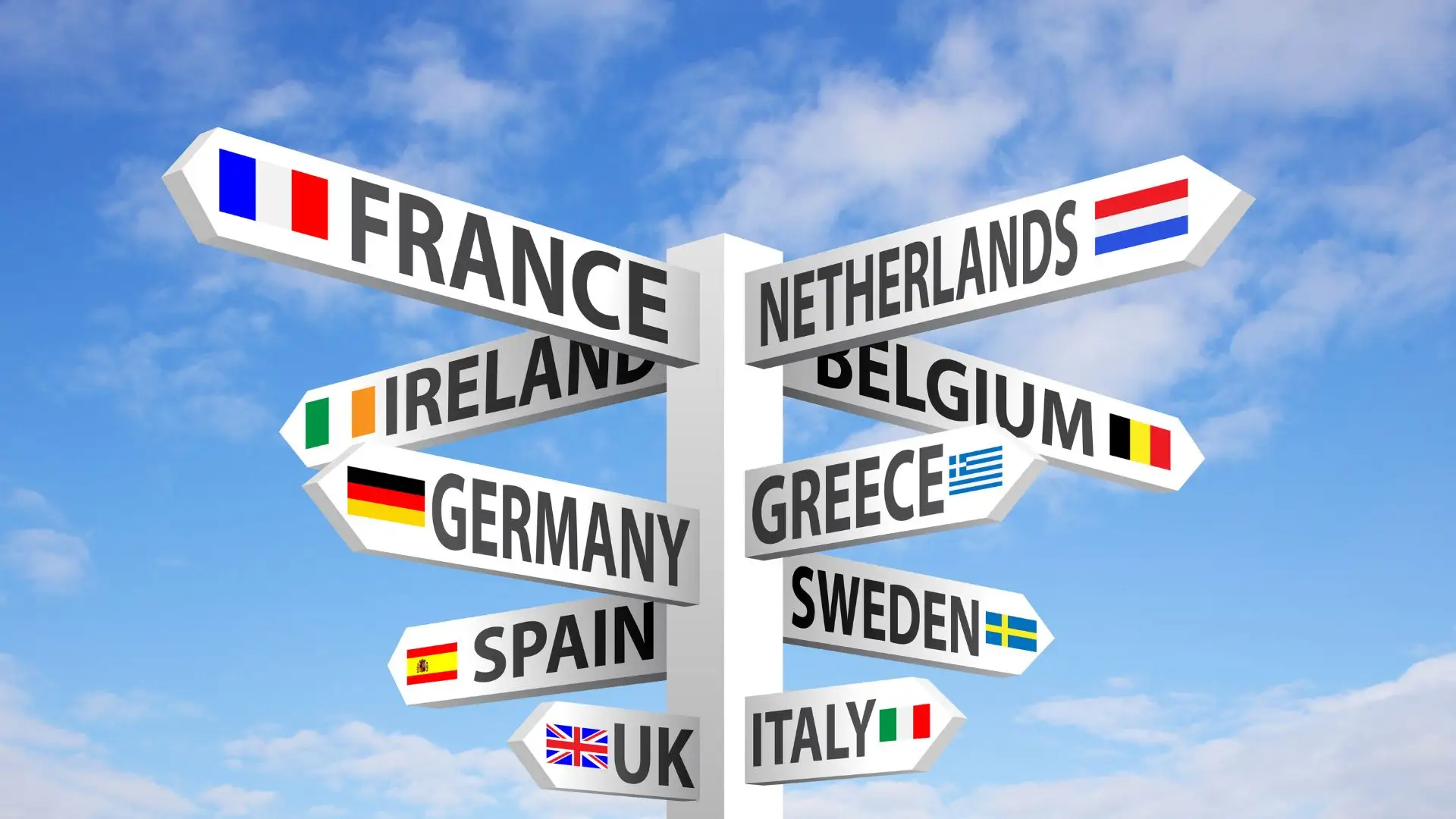 Señales con los nombres y banderas de países europeos como Francia, Alemania, España o Italia, representando los idiomas más hablados en Europa