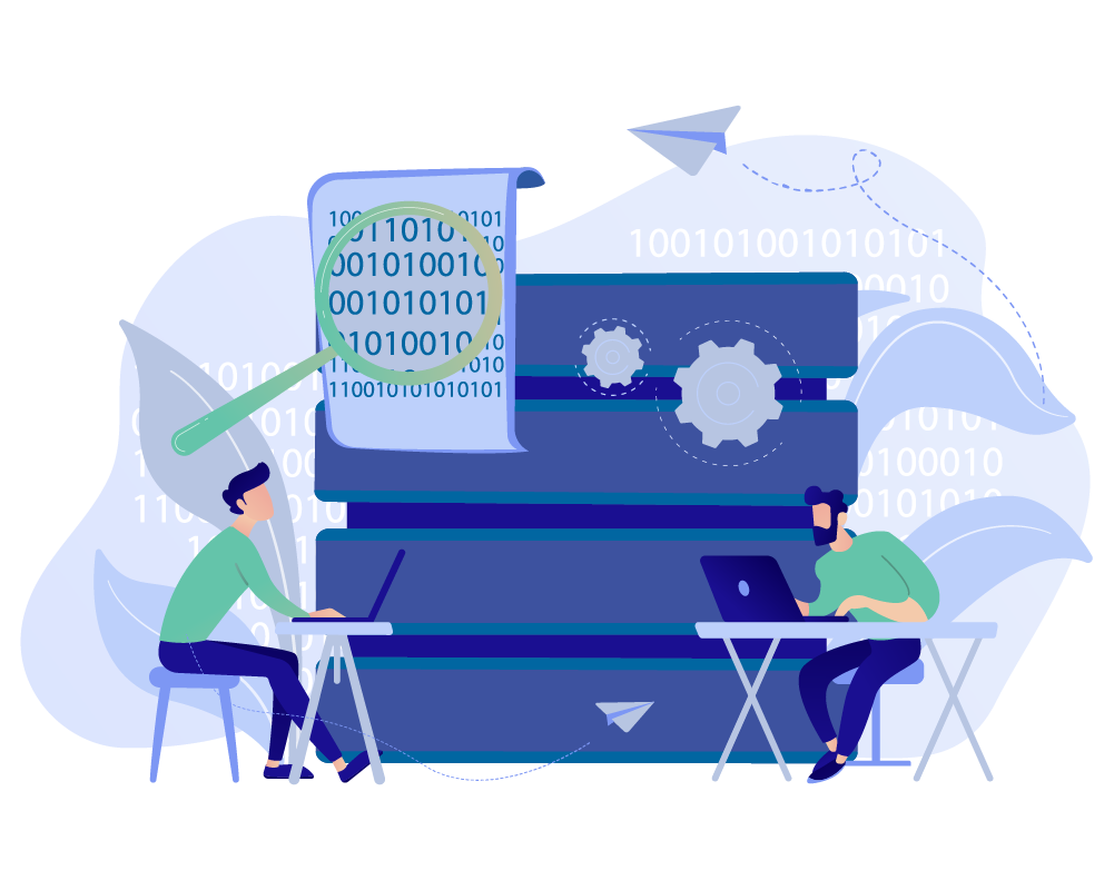 Two men working on their laptops and zooming into binary code and programming