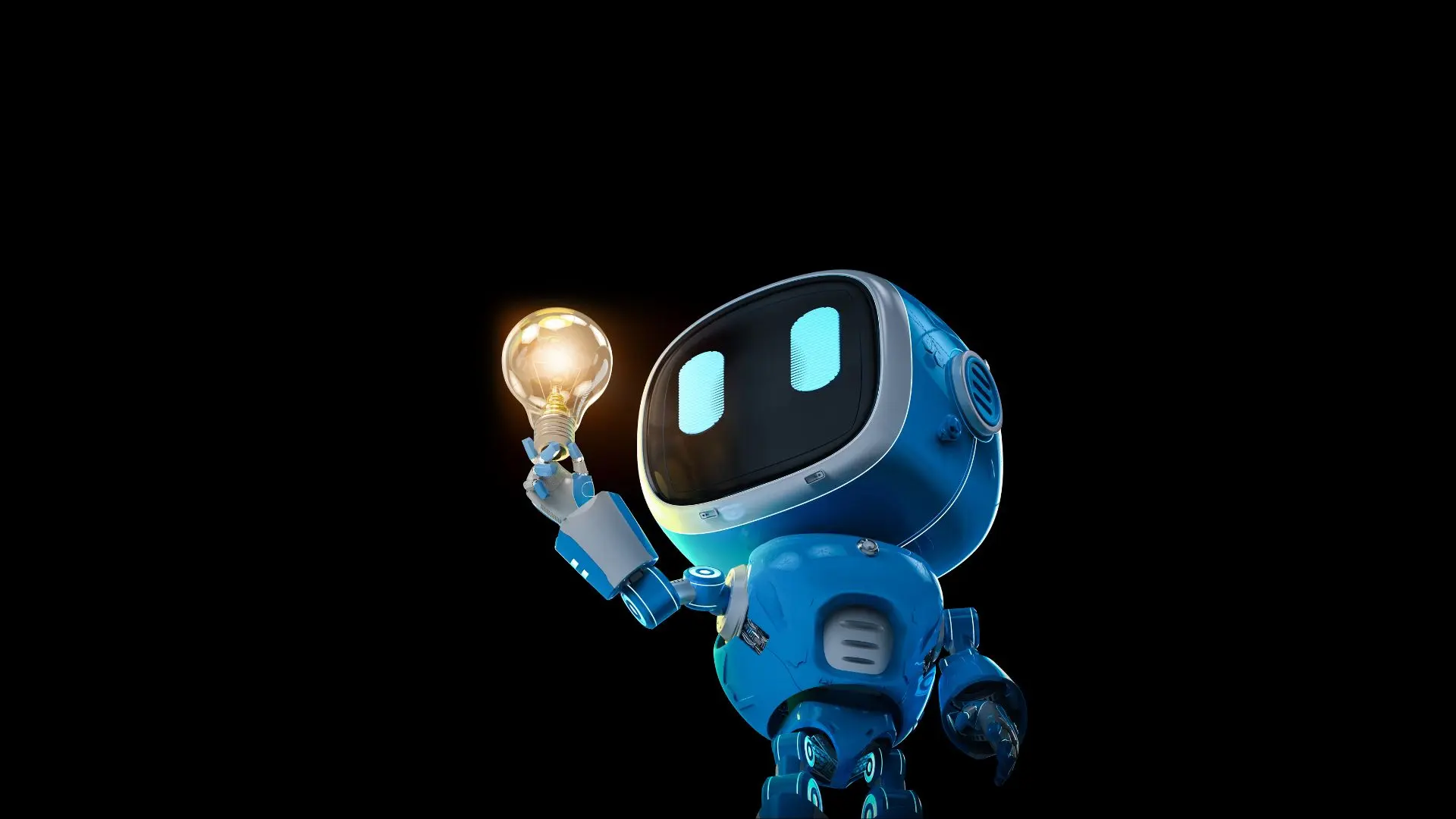 Ilustración de un pequeño robot con ojos sujetando una bombilla representando traducción automática, inteligencia artificial e I+D+I